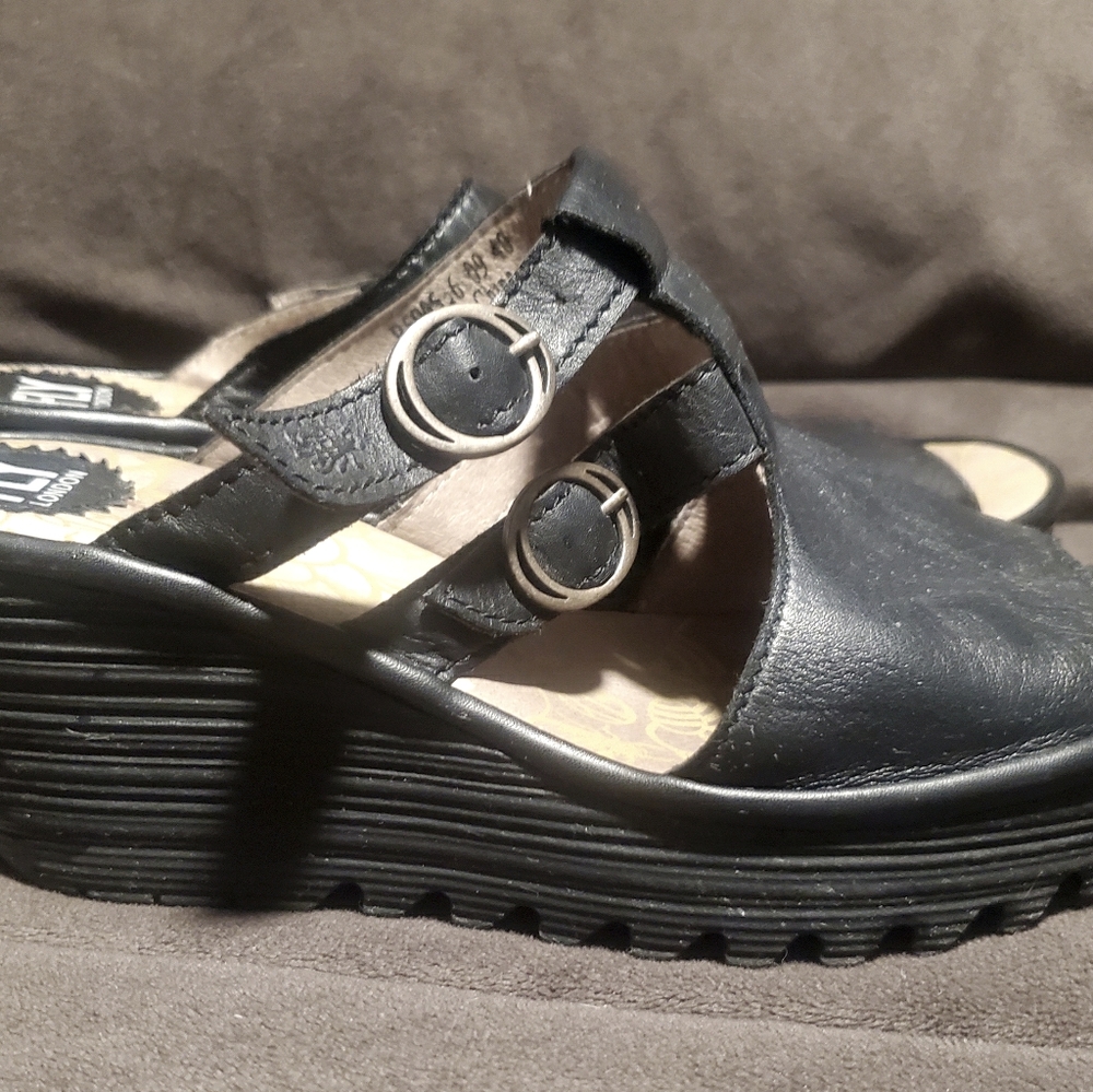 Fly London Black Leather Wedge Sandals 9 - 9.5